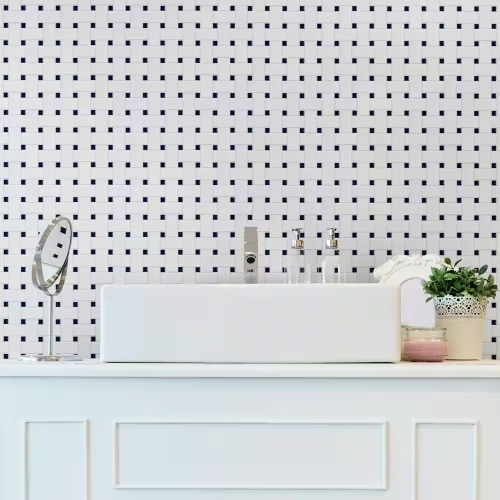 Metro Basketweave White with Glossy Cobalt Dot 11-3/4 In. X 11-3/4 In. Porcelain