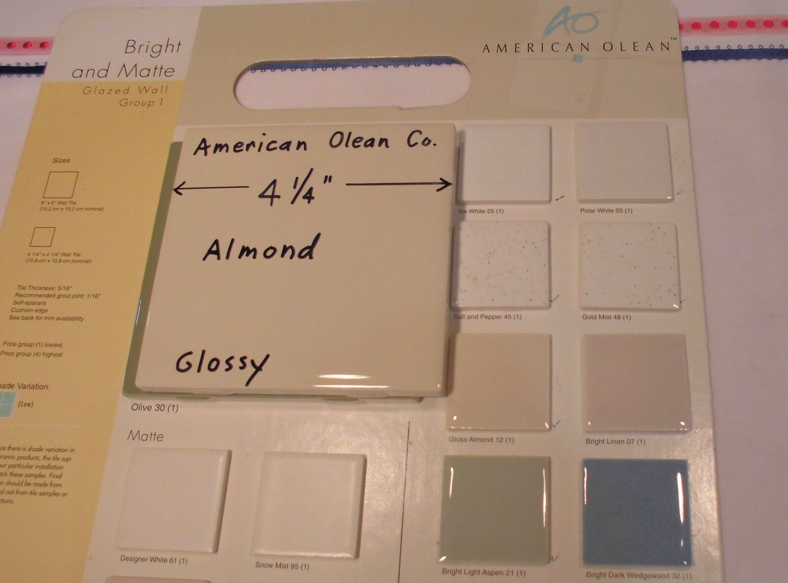 9 pcs. Glossy *Almond* 4-1/4″ Ceramic Tiles by American Olean Co. New Stock