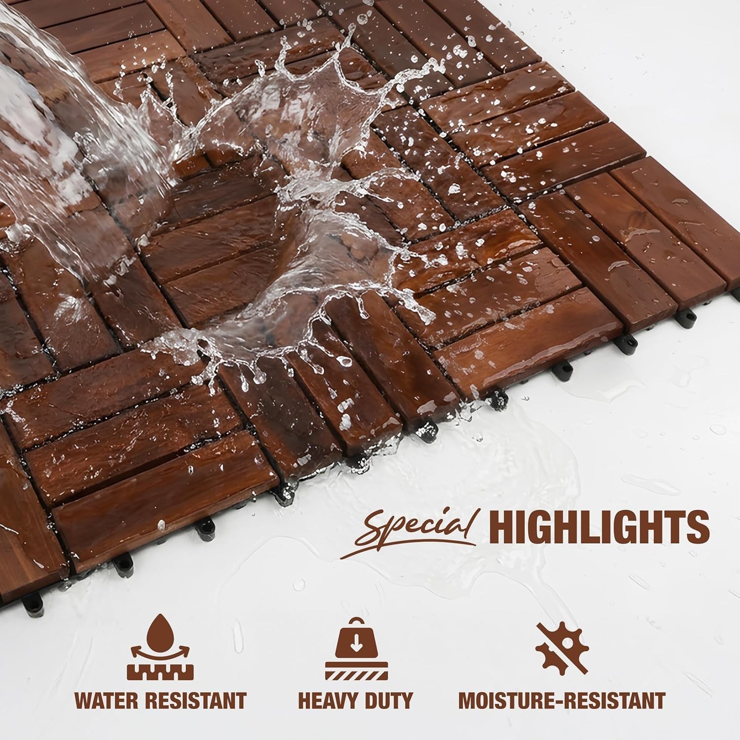 Acacia Wood Interlocking Deck Tiles, 9 Pc, 12″ x 12″ x 0.9″, Dark Brown