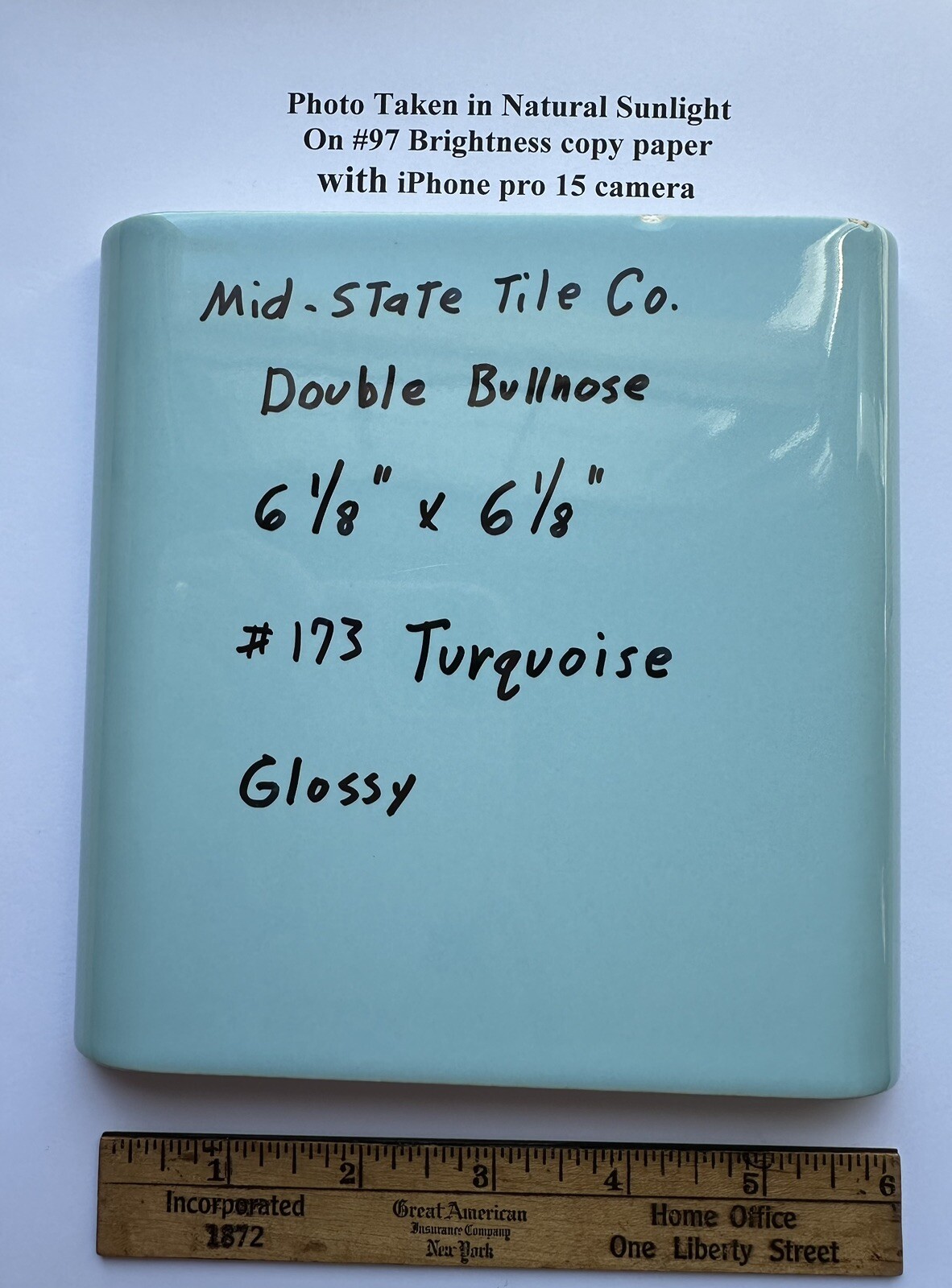 1 pc. Turquoise 6″ x 6″ Double Radius Bullnose Glossy Ceramic Tile: made 1950’s