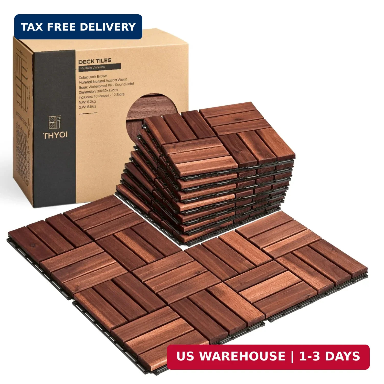 THYOI Premium Deck Tiles, Patio Flooring – Set 10 Pcs 12″x12″x0.9″ Interlocking