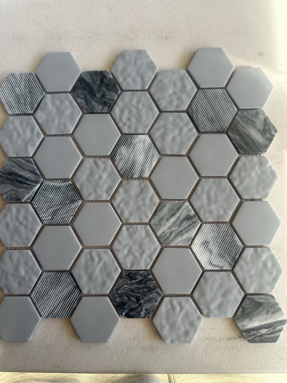 Grey Marble And Glass Hex Mixed Glossy, Matte And Textured Finish 12×12 Inch