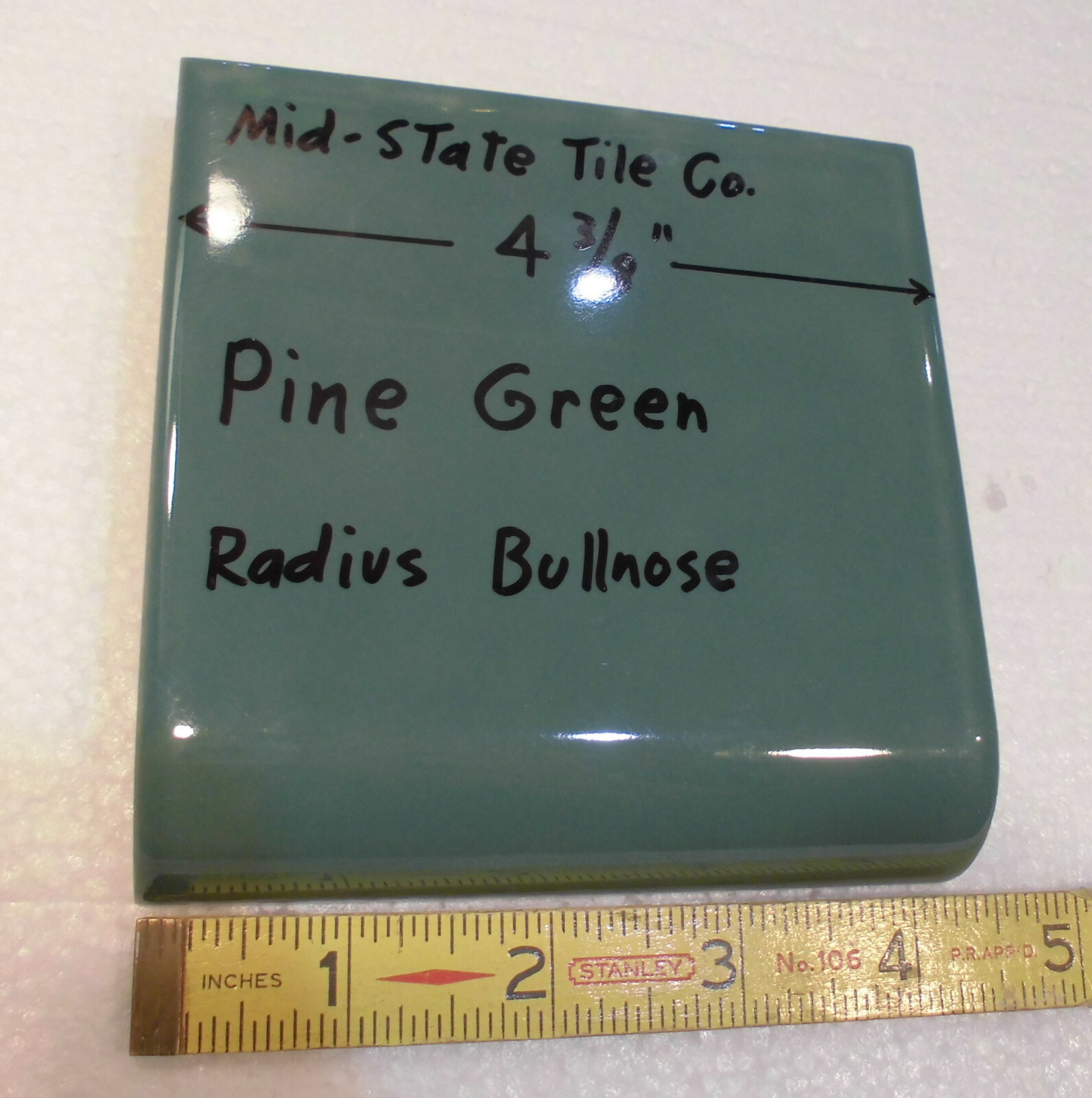 1: Pine Green Radius Bullnose Ceramic Tile 4-3/8″ by Mid-State: Glossy Mudd Cap