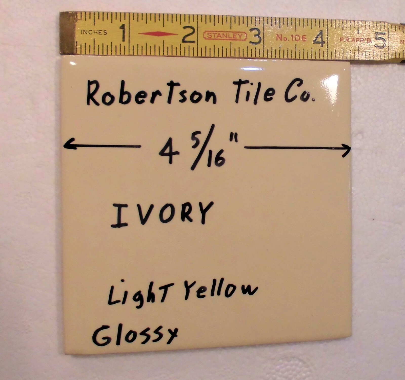 1 pc. Ivory – Light Yellow: 4-5/16″ Glossy Ceramic Tile by Robertson Co. NEW