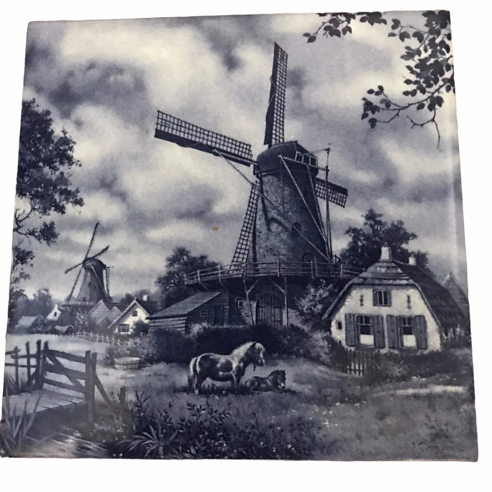 Vintage Delft Blue 4×4 Wall Tiles Pair Windmill Netherlands Replacement