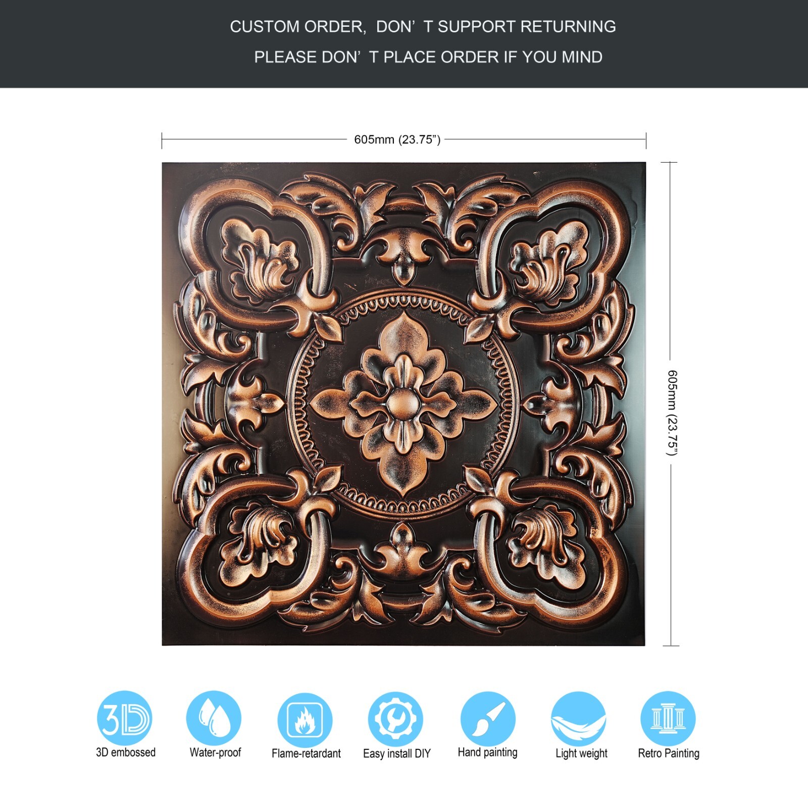 PVC Ceiling Tile 3D Embossed Wall Panel PL30 Traditional copper 10pc PAINTSDECOR