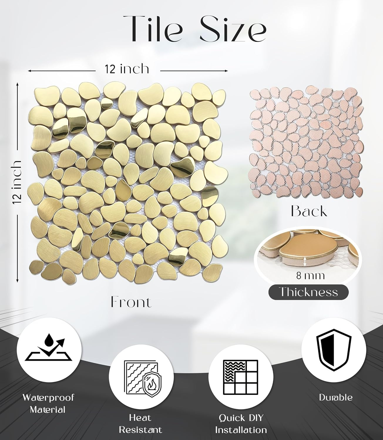 Golden Metal Pebble Mosaic Tiles, 5 Sheets Stainless Steel Backsplash Mesh Mount