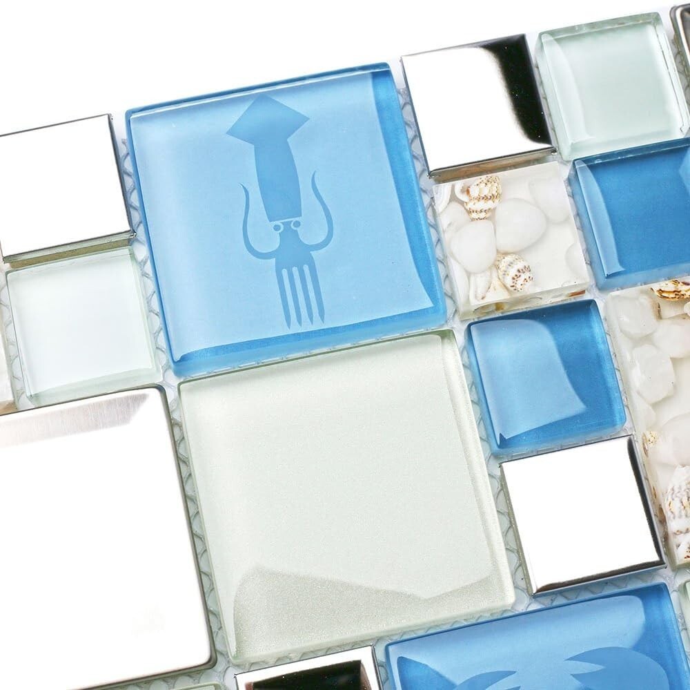 Blue Sea Glass Tile Backsplash Beach Style Mosaic Tiles Real Seashell Inside …