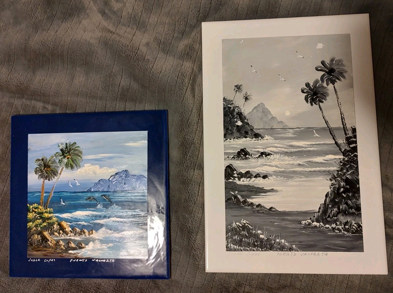 2 Signed art Tiles w/Beach Painting 11 3/4″ x 8″ and 8″ square by Jorge Coper