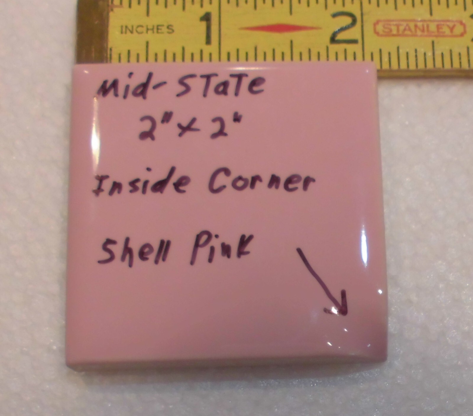 1 pc. Shell Pink: 2″ X 2″ X 5/16″ Ceramic Surface Bullnose Inside Corner Tile