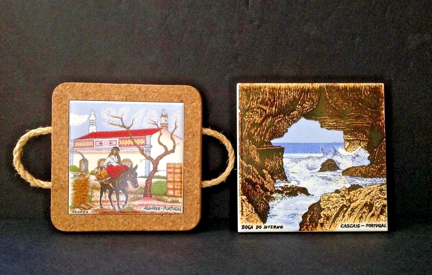 Pair Vintage Handpainted BOCA DO INFERNO Cascais & NUANEA Algarve Portugal Tiles