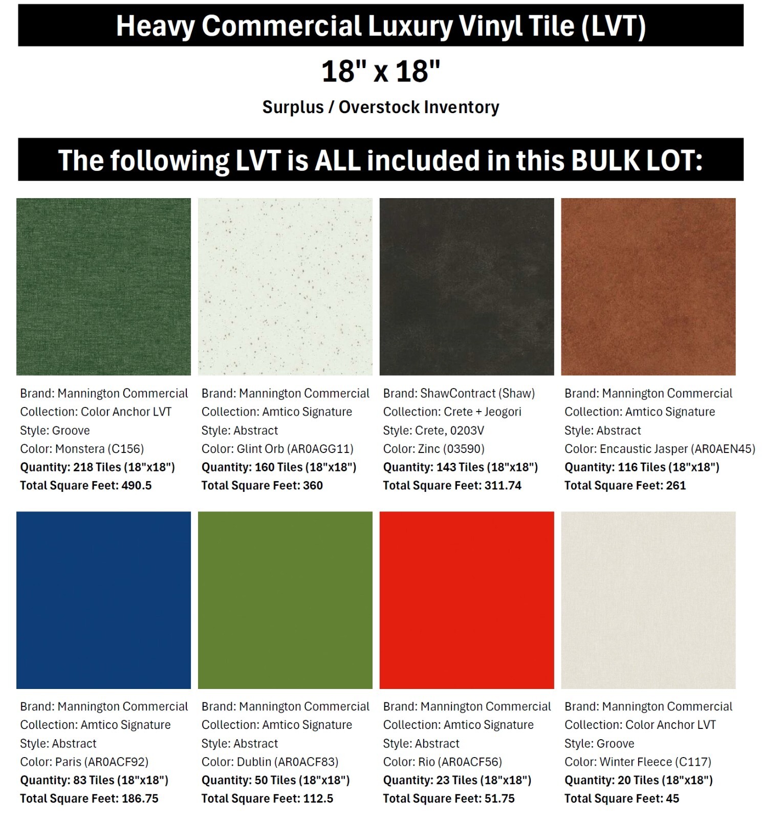NEW Mannington Commercial Shaw 18×18″ LVT Luxury Vinyl Tile 1800 Sq Ft Glue Down