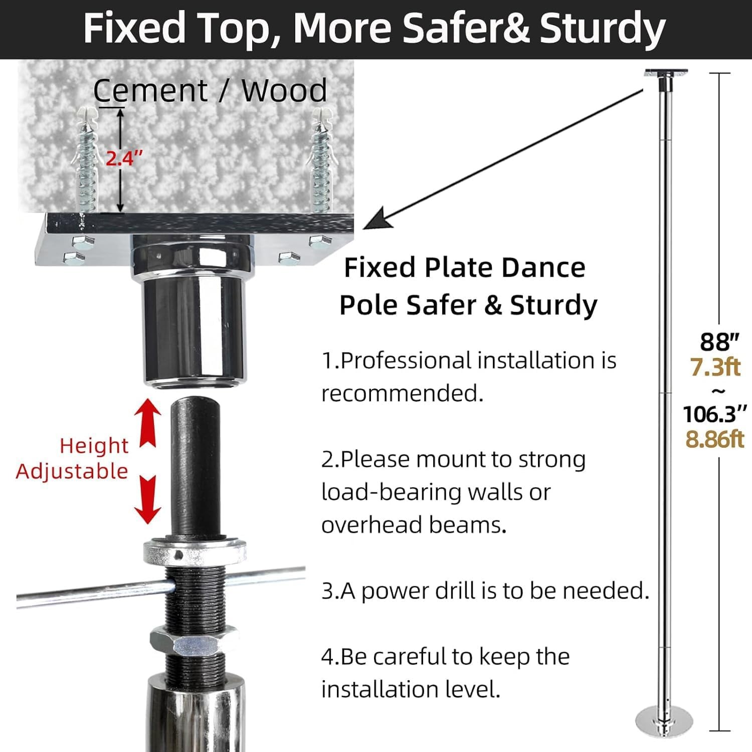 PRIOR FITNESS Permanent Fixed Dance Pole Kit, Professional 45mm Silver