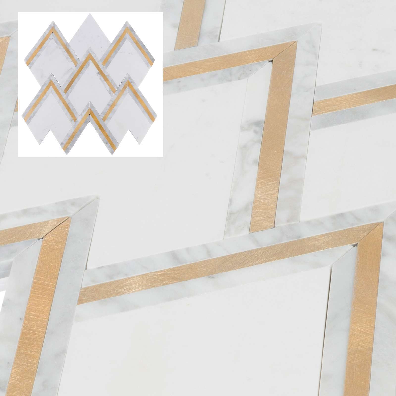 White Cararra Stone w/ Gold Aluminum Trim Inlay Tile Kitchen Wall Backsplash