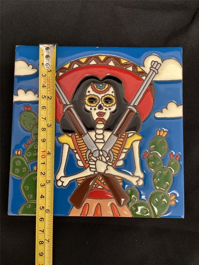 ++ Handmade Rifle Lady Day of The Dead Clay Tile 6×6