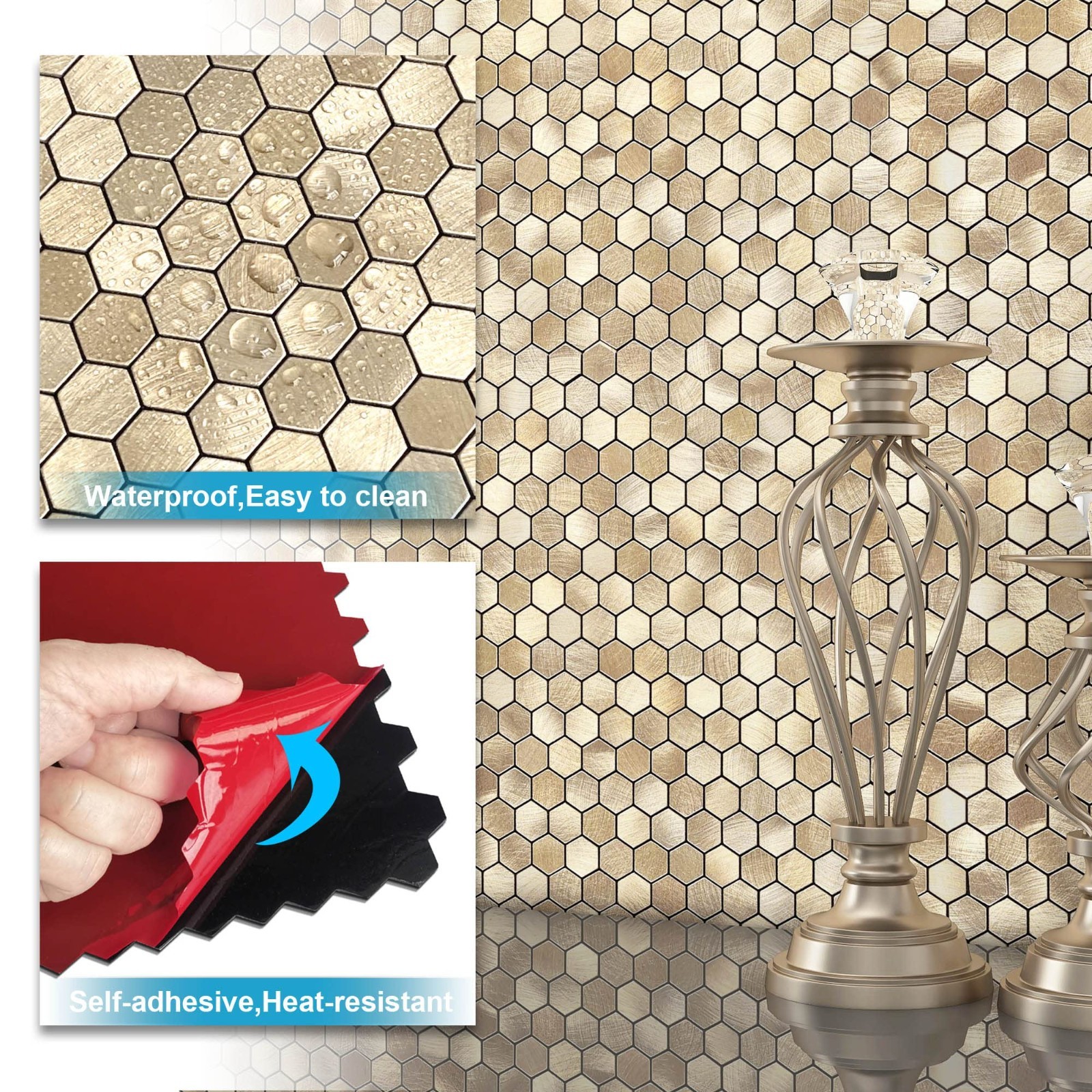 Peel and Stick Mosaic Backsplash Tiles – Small Hexagon Metal Stickers (5PCS, Gol