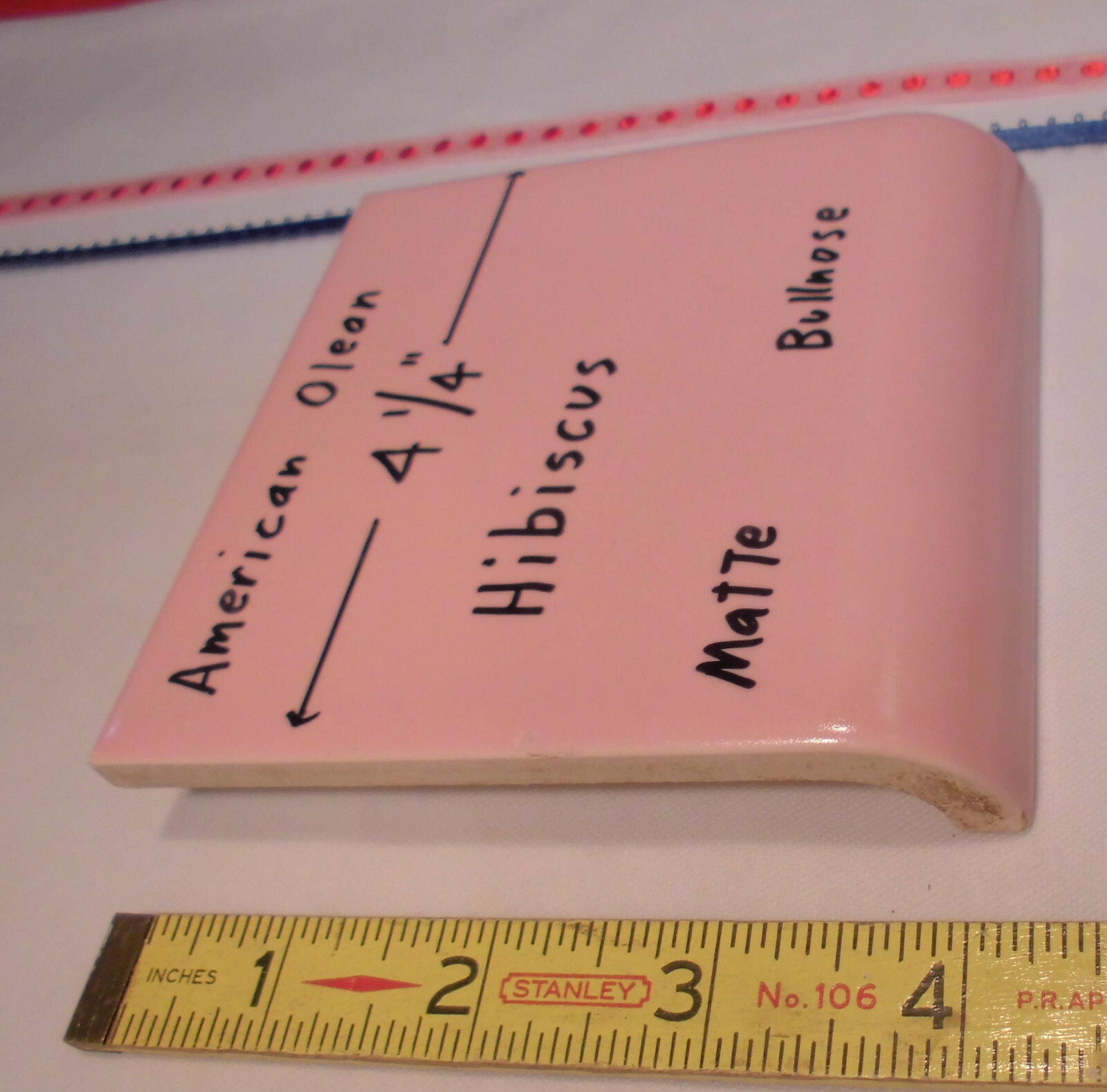 Hibiscus Pink; Matte Radius Bullnose Ceramic Tile 4-1/4″ American Olean, NOS