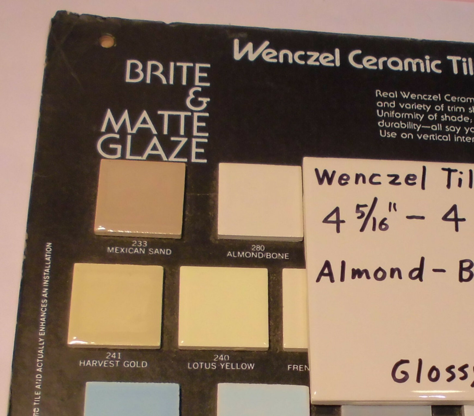 1 pc. *Almond – Bone* Glossy Ceramic Tile by Wenczel Tile Co. 4-5/16″- 4-3/8″
