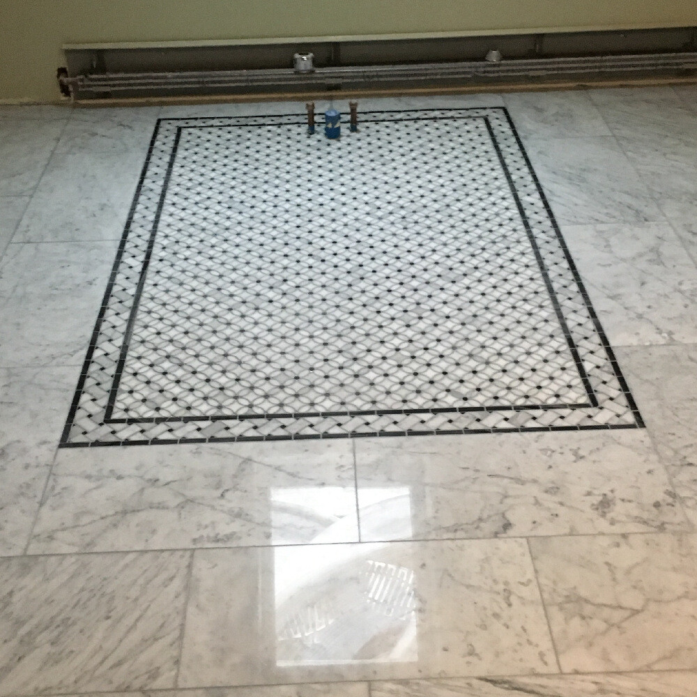 C651BXP Carrara Marble Basketweave Listello Border Black Dots Polished 4×12