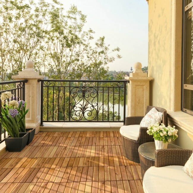 Costway 27PCS 12″ x 12″ Acacia Wood Deck Tiles Interlocking Patio Stripe Pattern