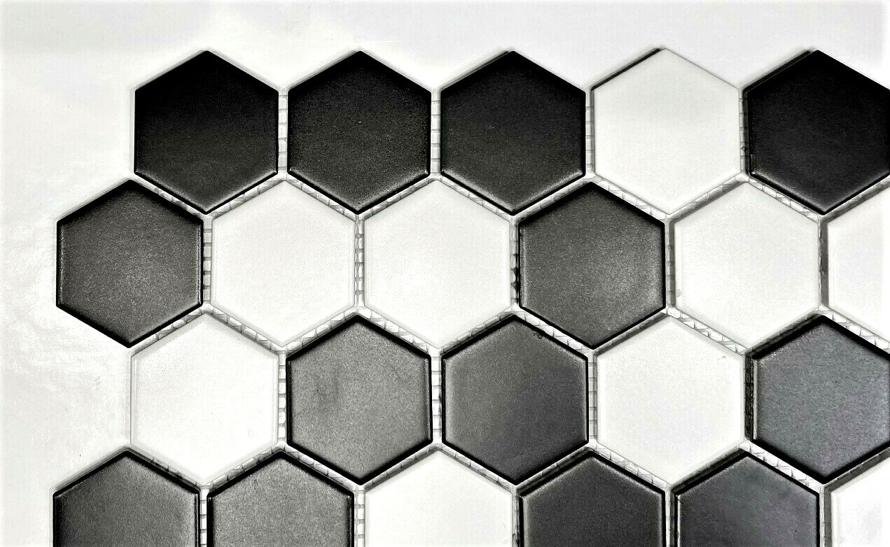 2″ Black and White Hexagon Glazed Matte Porcelain Mosaic Floor Wall Backsplash