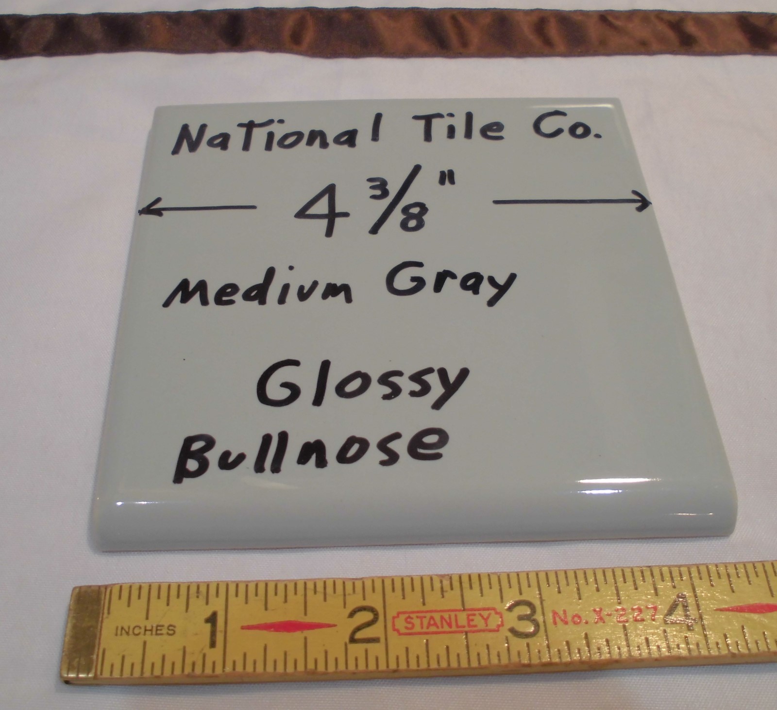 1 pc. Vintage *Medium Gray* 4-3/8″ Glossy Ceramic Bullnose by National Tile Co.