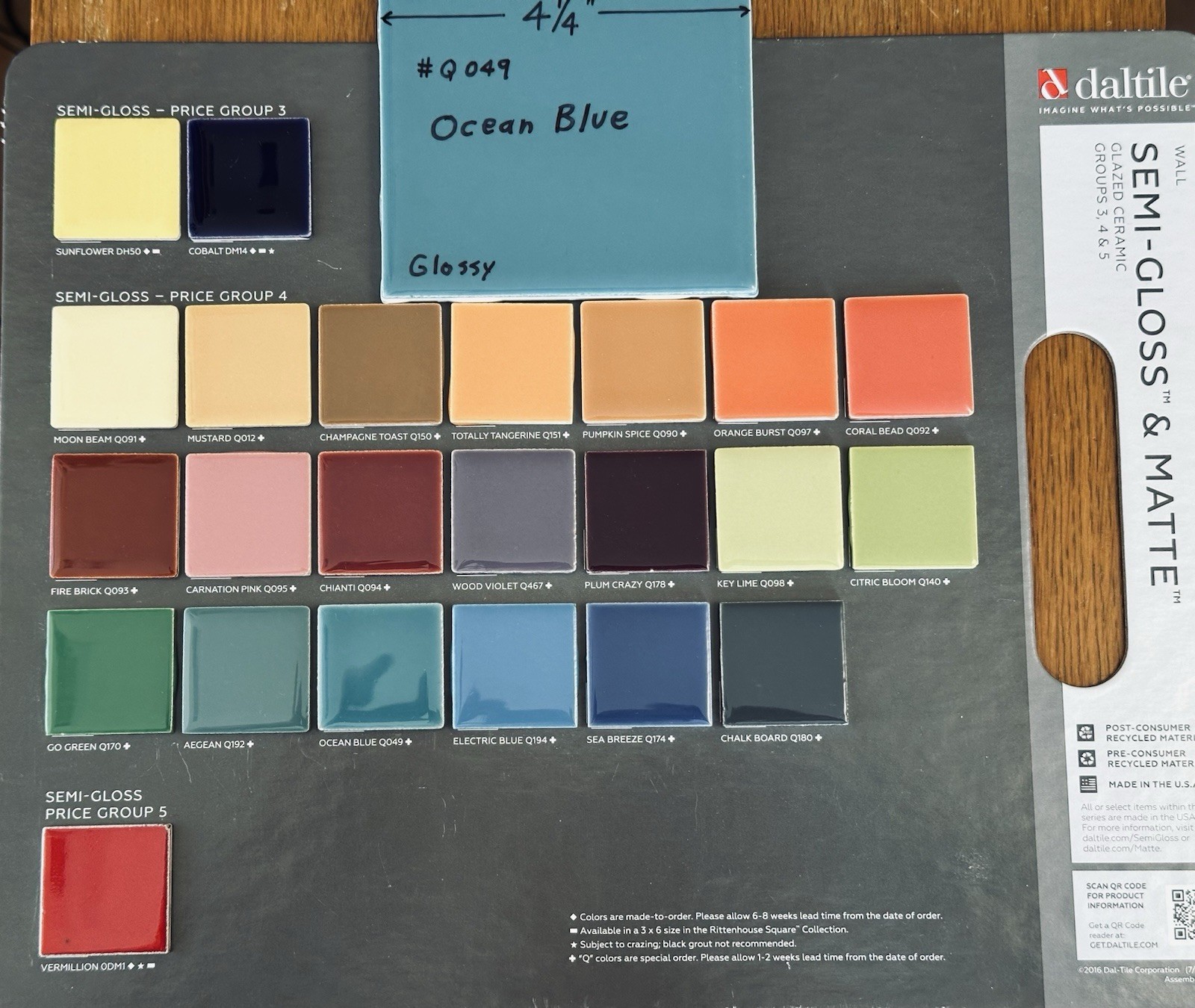 1 pc. Ocean Blue: Brilliant Gloss Ceramic Tile by Daltile…4-1/4″ Best Quality