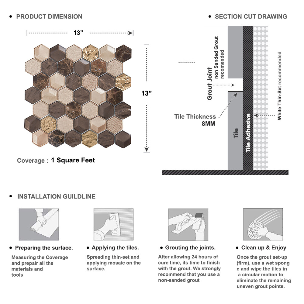 Hexagon Emperador Marble Metallic Brown Gold Beige Glass Mosaic Tile Backsplash
