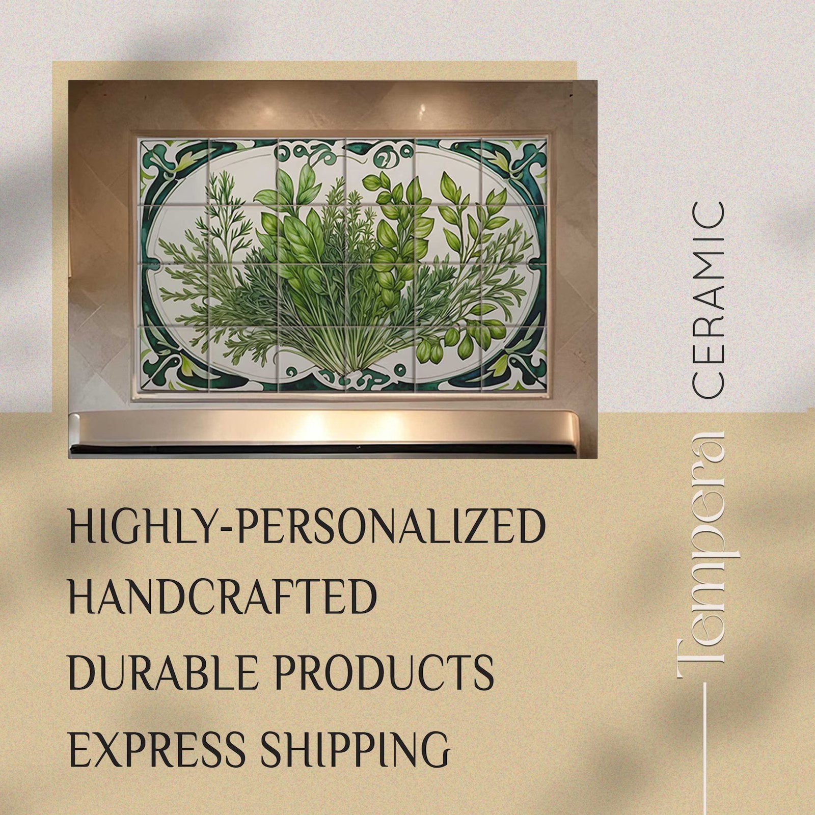 Green Herbs Backsplash Tiles, Botanical Accent for Kitchen Spaces, Herbs Tiles