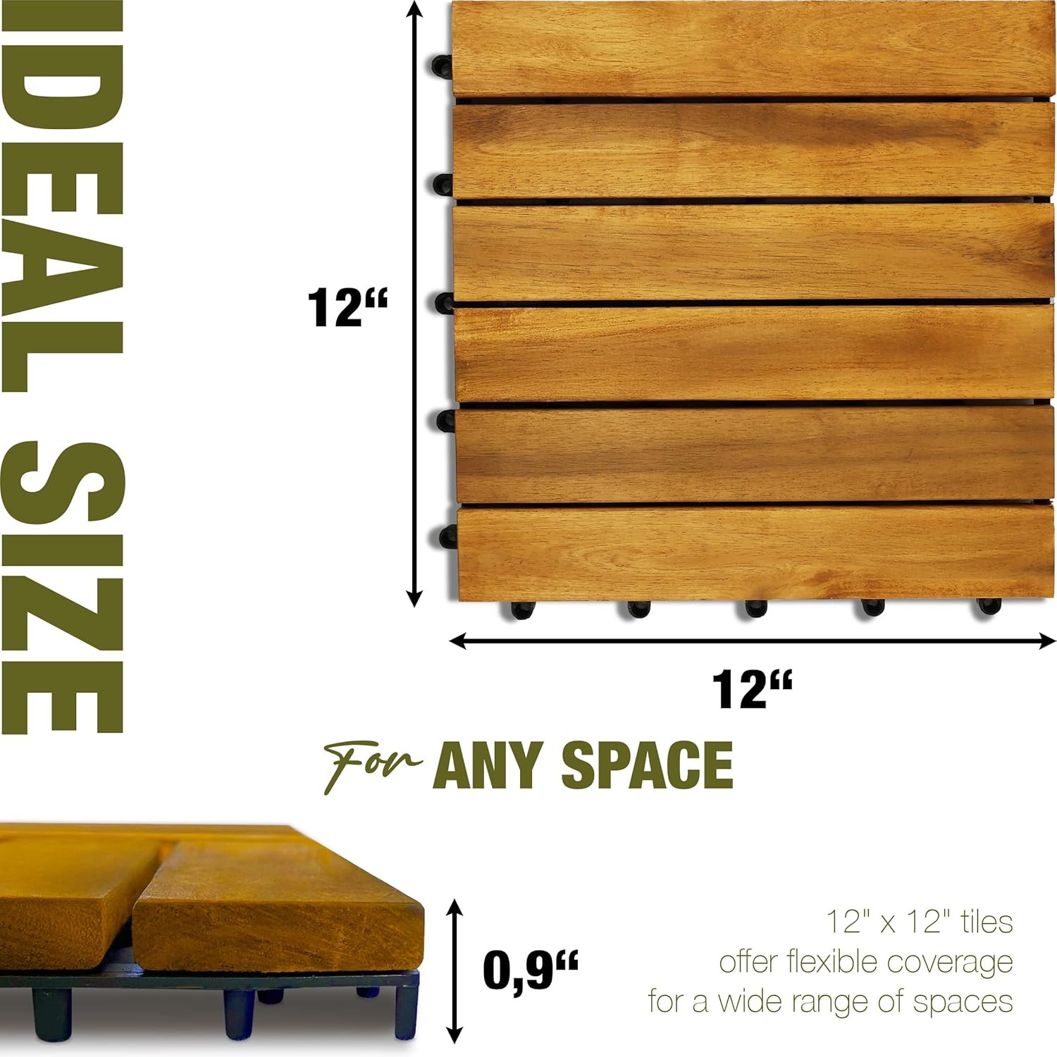 Acacia Wood Interlocking Deck Tiles 12″x12″x0.9″ Golden Teak Striped Hardwood