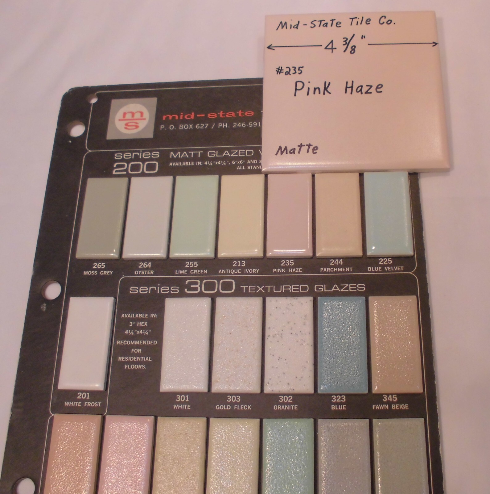 1 pc. Matte Pink Haze #235: Ceramic Tile 4-3/8″ by Mid-State Co. New Old Stock