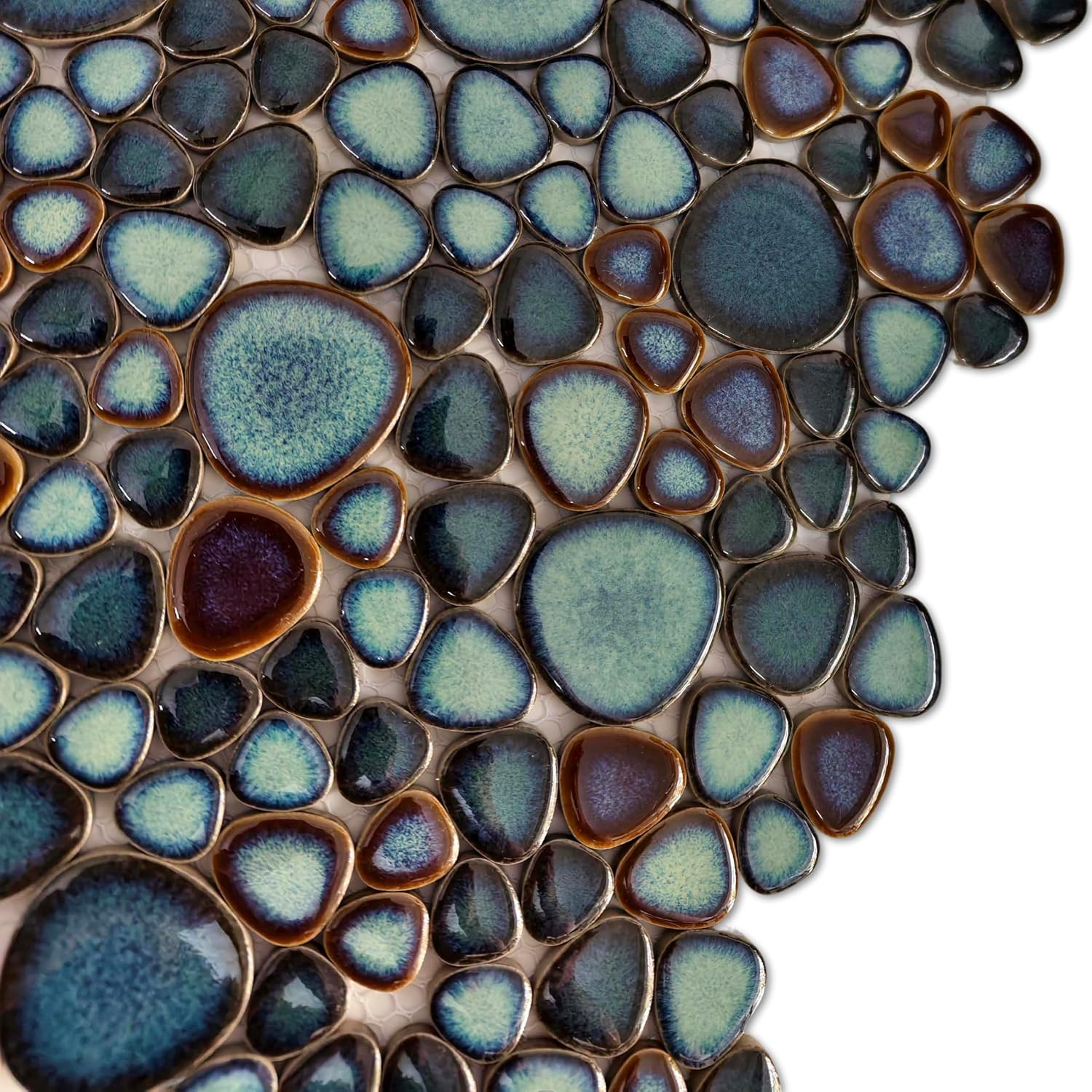 Teal Blue & Bronze Ceramic Pebble Mosaic Tile, 12×12 Sheet for Spa & Backsplash