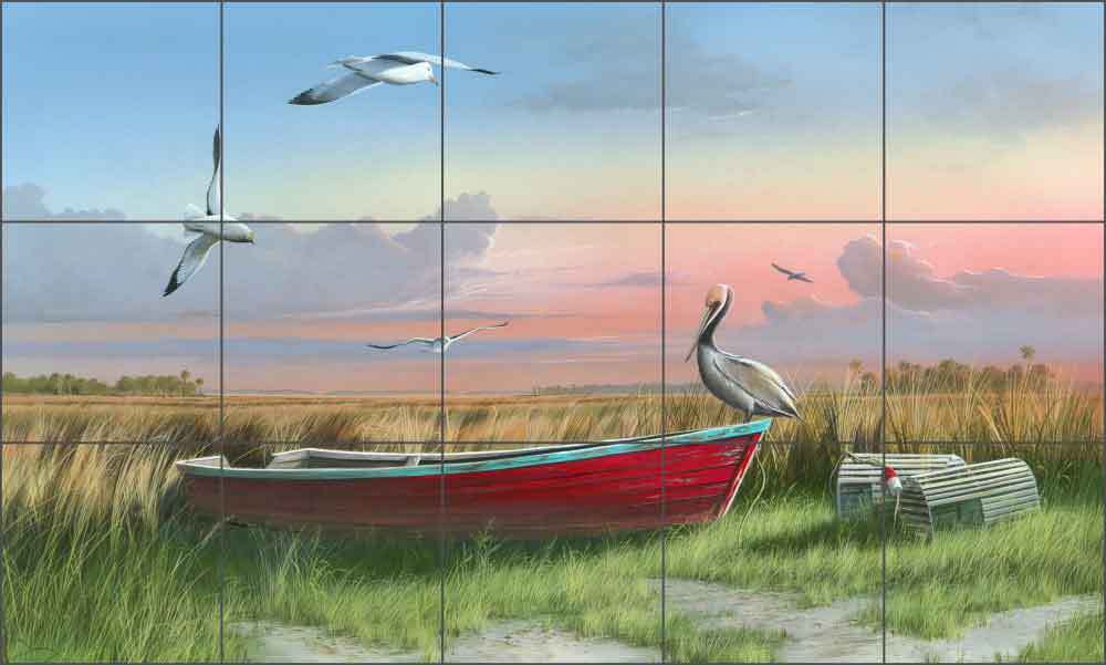 Coastal Tile Backsplash Ceramic Mural Brown Seagull Pelican Art MBA006