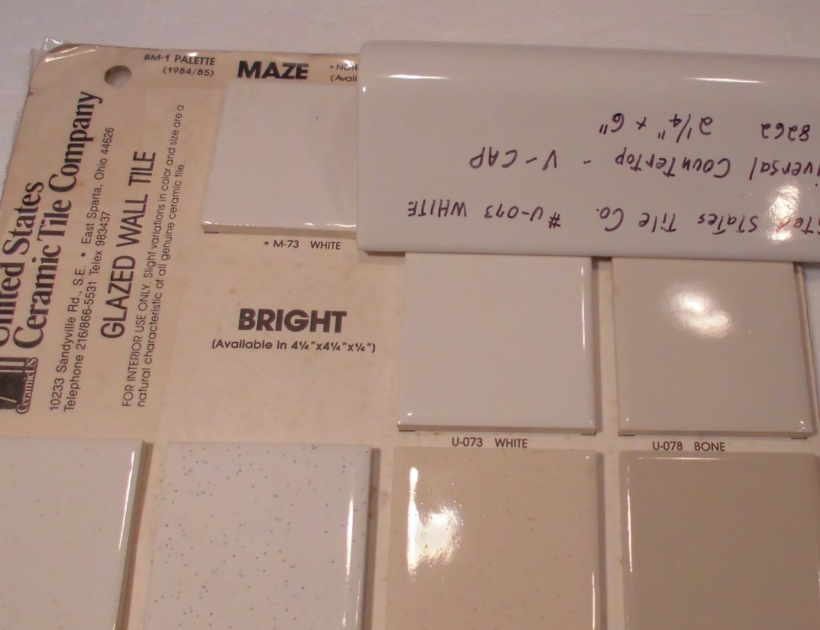 1 pc. Gloss White #U-073: V-Cap Ceramic Trim Countertop Tile: Reversable, U.S.A.