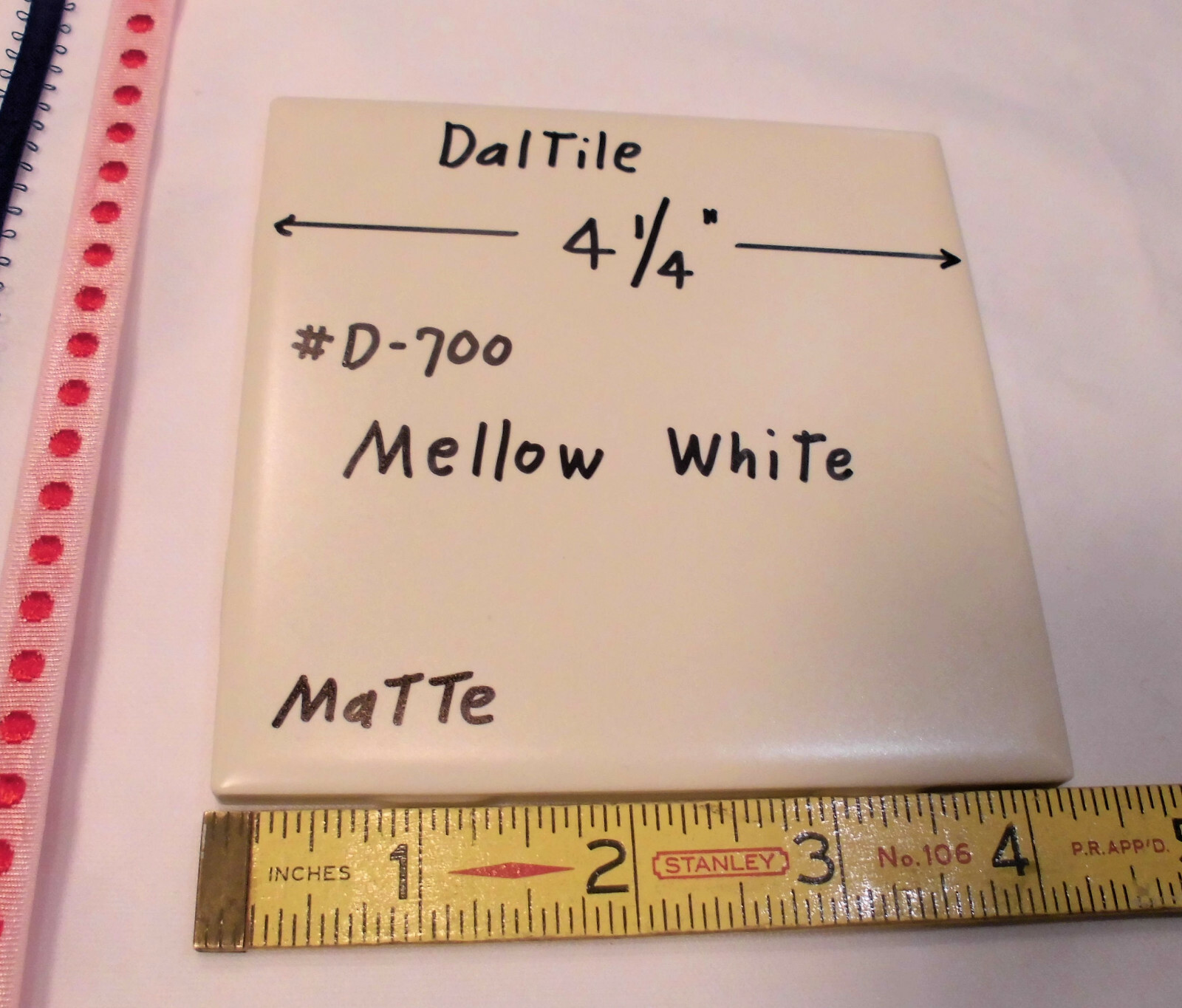 1 pc. Mellow White: Matte Ceramic Tile by Daltile #D-700; 4-1/4″ Discontinued