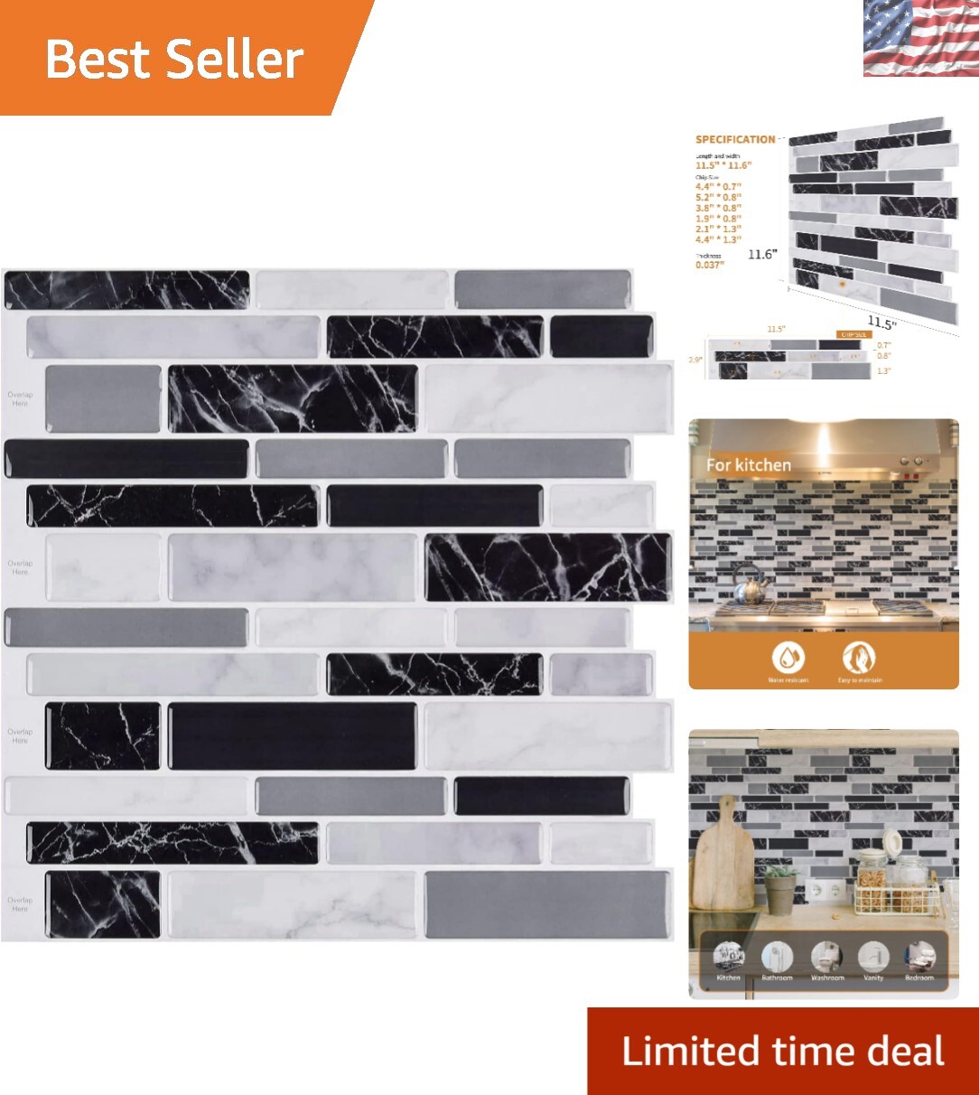 Elegant Striped Black Vinyl Backsplash Tiles 12″x12″ – Washable & Durable Design