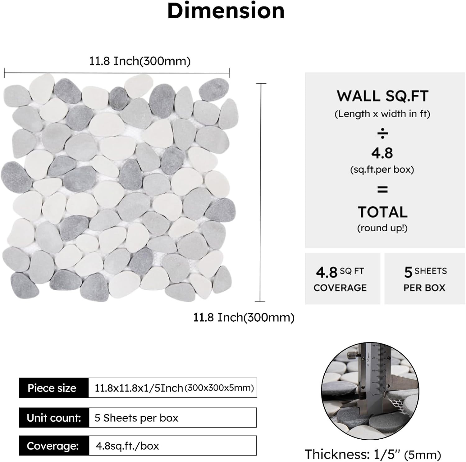Pebble Tile for Shower Floor, Gray and White Oval, 5 Sheets, Pebble Backsplash f