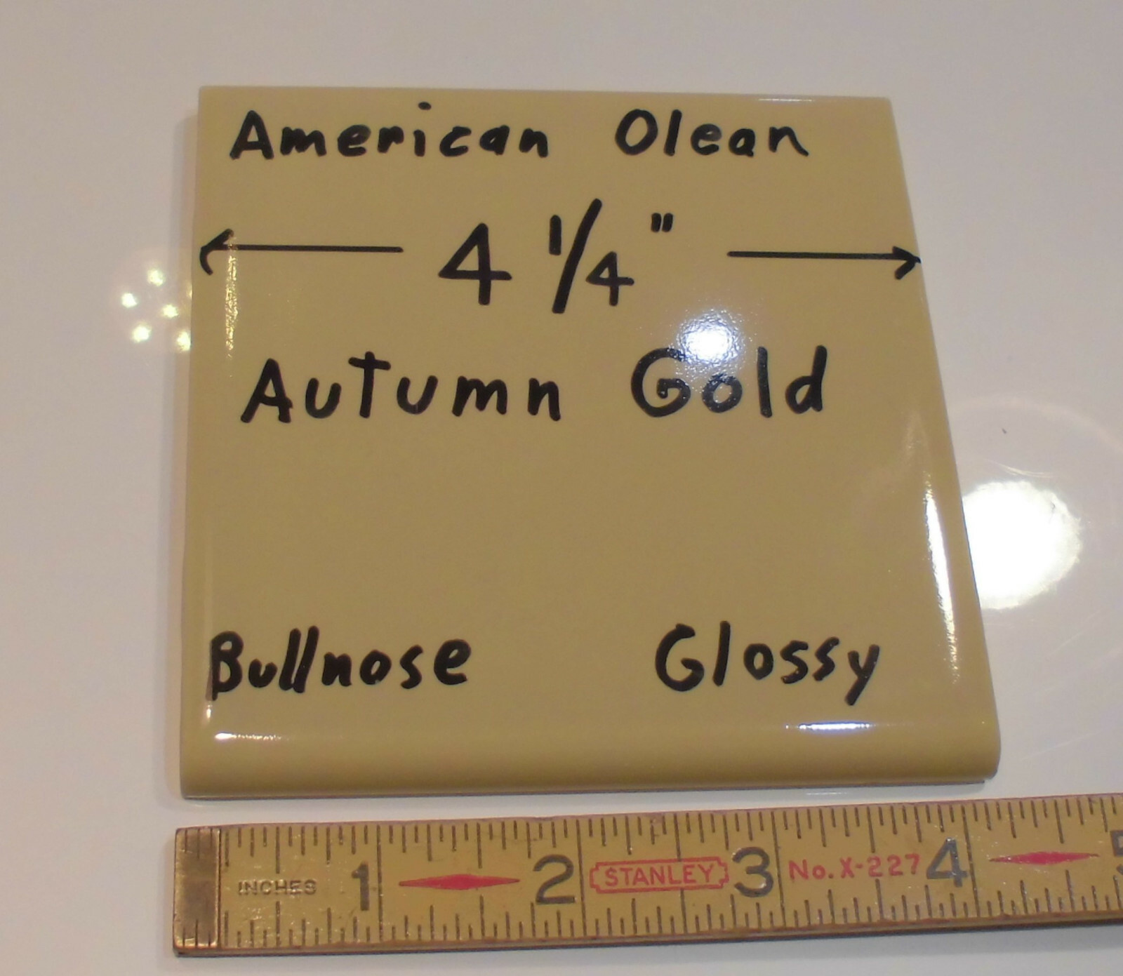 1 pc. Vintage Glossy Ceramic Bullnose Tile 4-1/4” *Autumn Gold-Yellow* By A. O.
