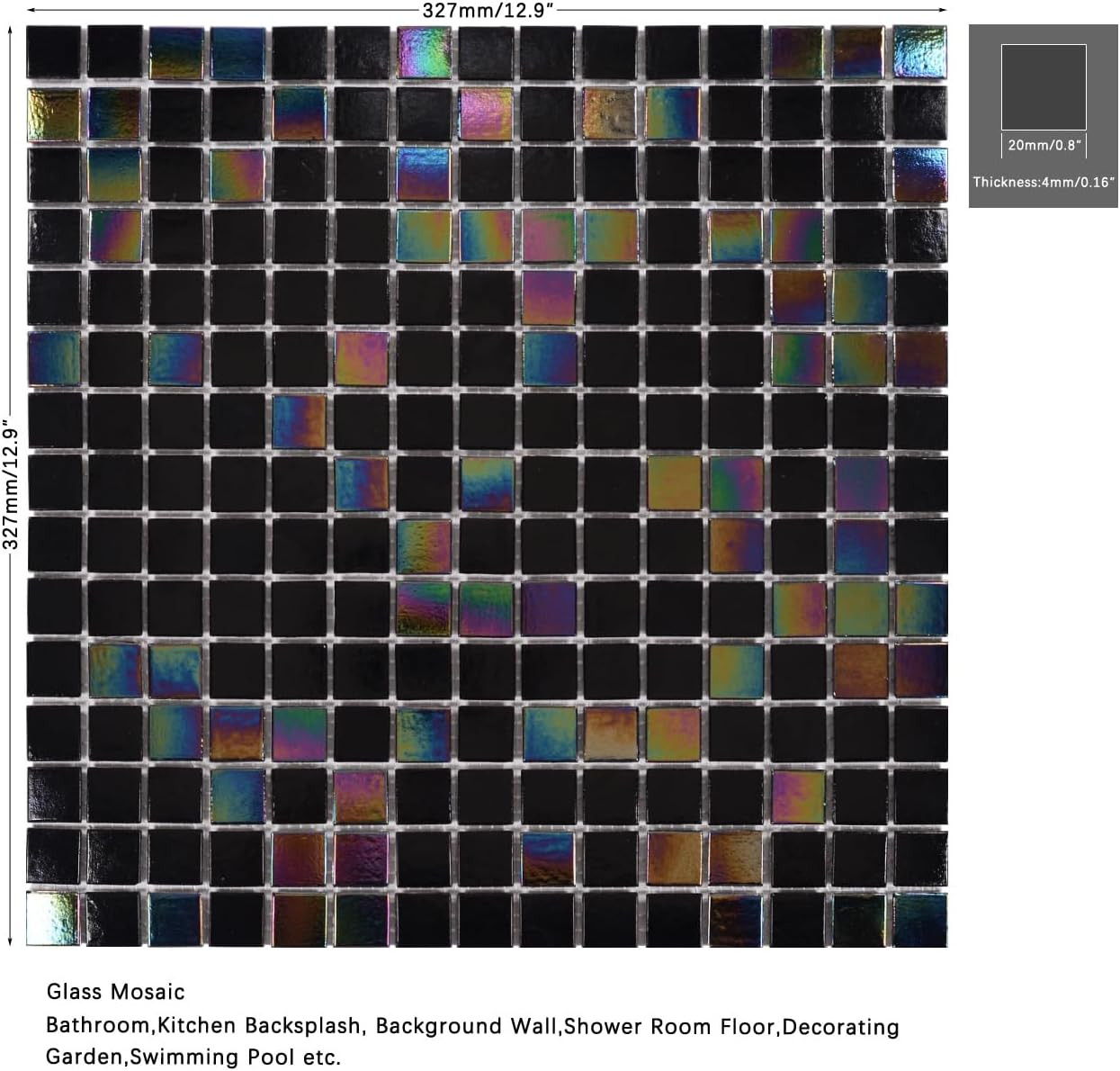 11.5Sqft Iridescent Black Mosaic Tiles for Bathroom Floor and Wall, Kitchen Back