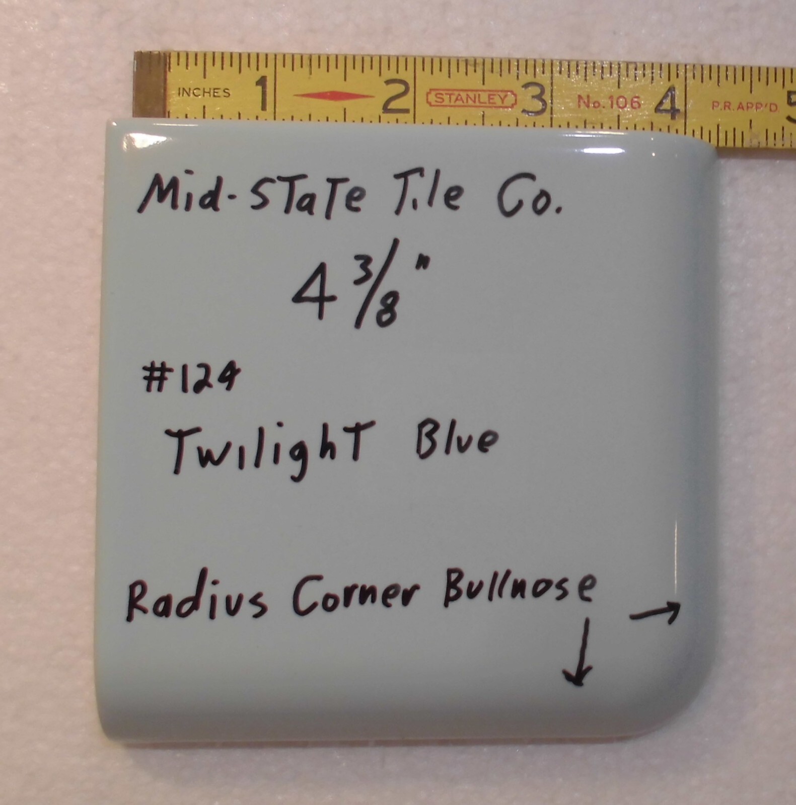 1 pc. Corner Bullnose; Twilight Blue Glossy Ceramic Tile; Mid-State 4-3/8″ Mudd