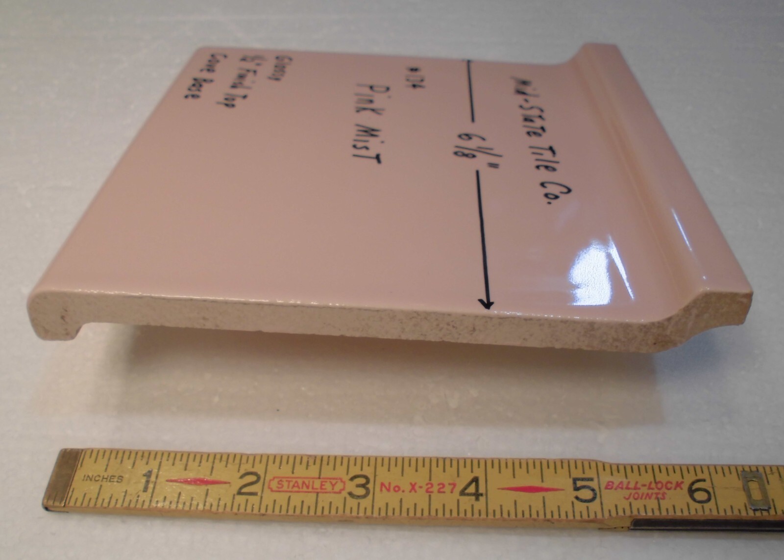 1 pc. Vintage Glossy *Pink Mist* 6” X 6” Ceramic Cove Base Tile by MID-STATE