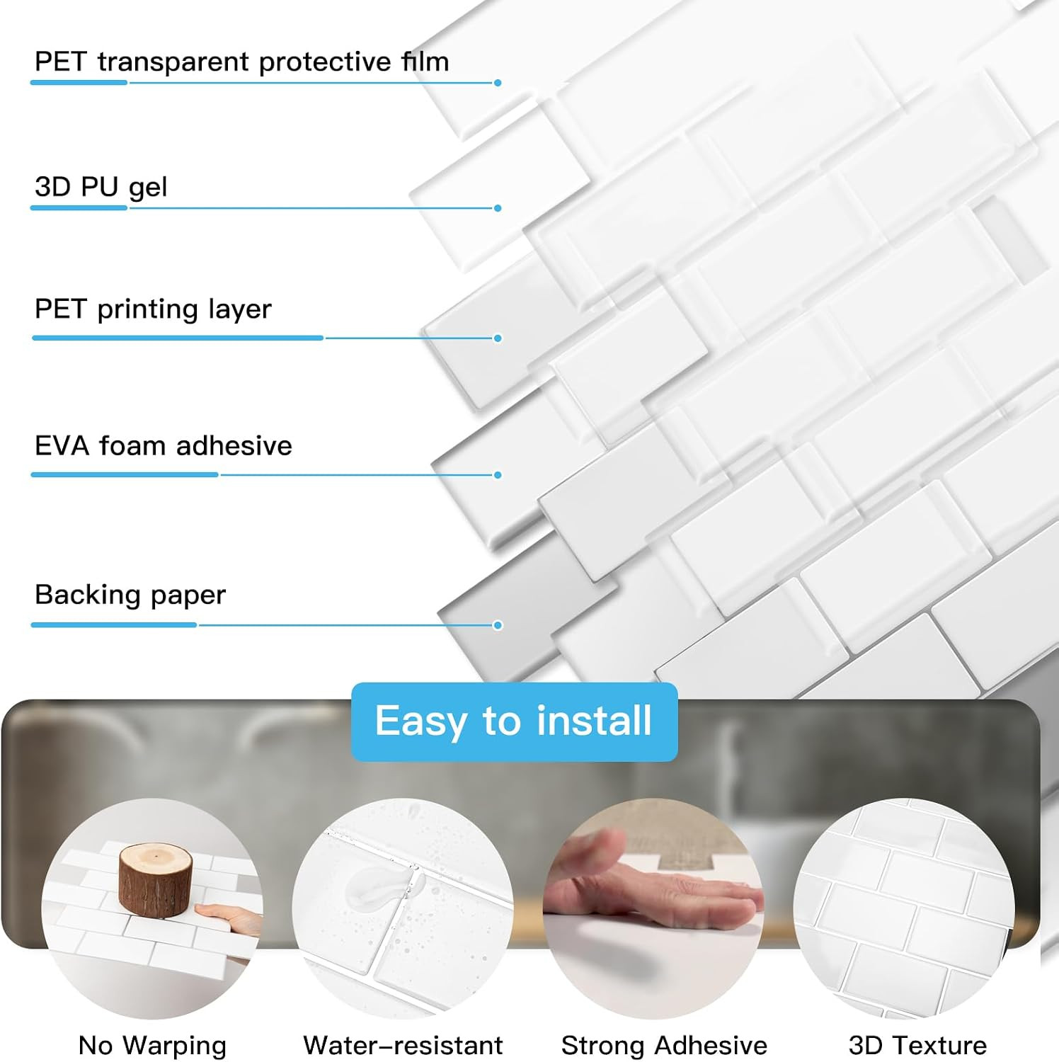 Peel and Stick White with Silver Grout Wall Tiles – 10-Pack of 12 X12