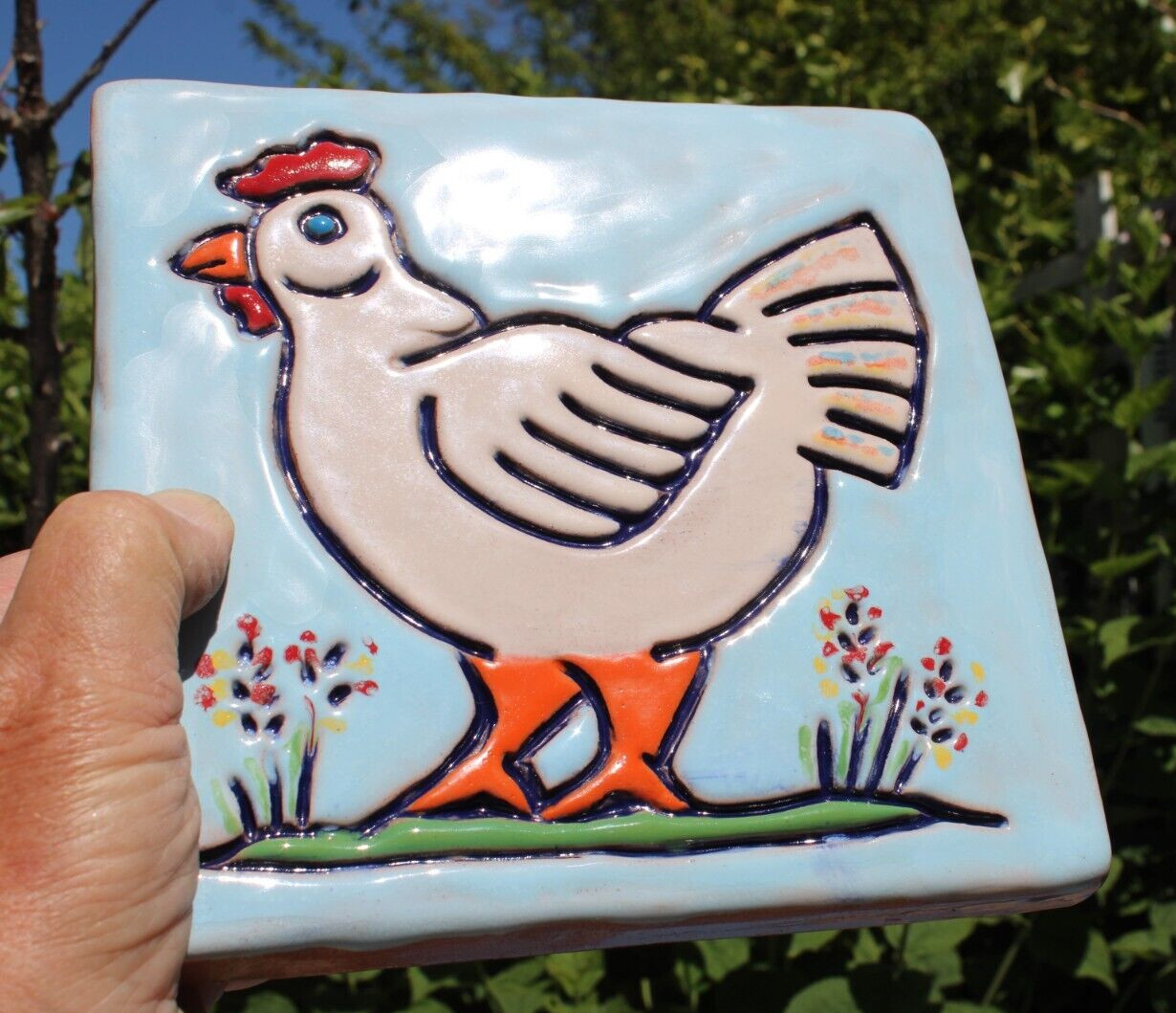 Large 8″ x 8″ P&G Ceramic Tile Wall Hanging Terra Cotta Glazed Hen 2010