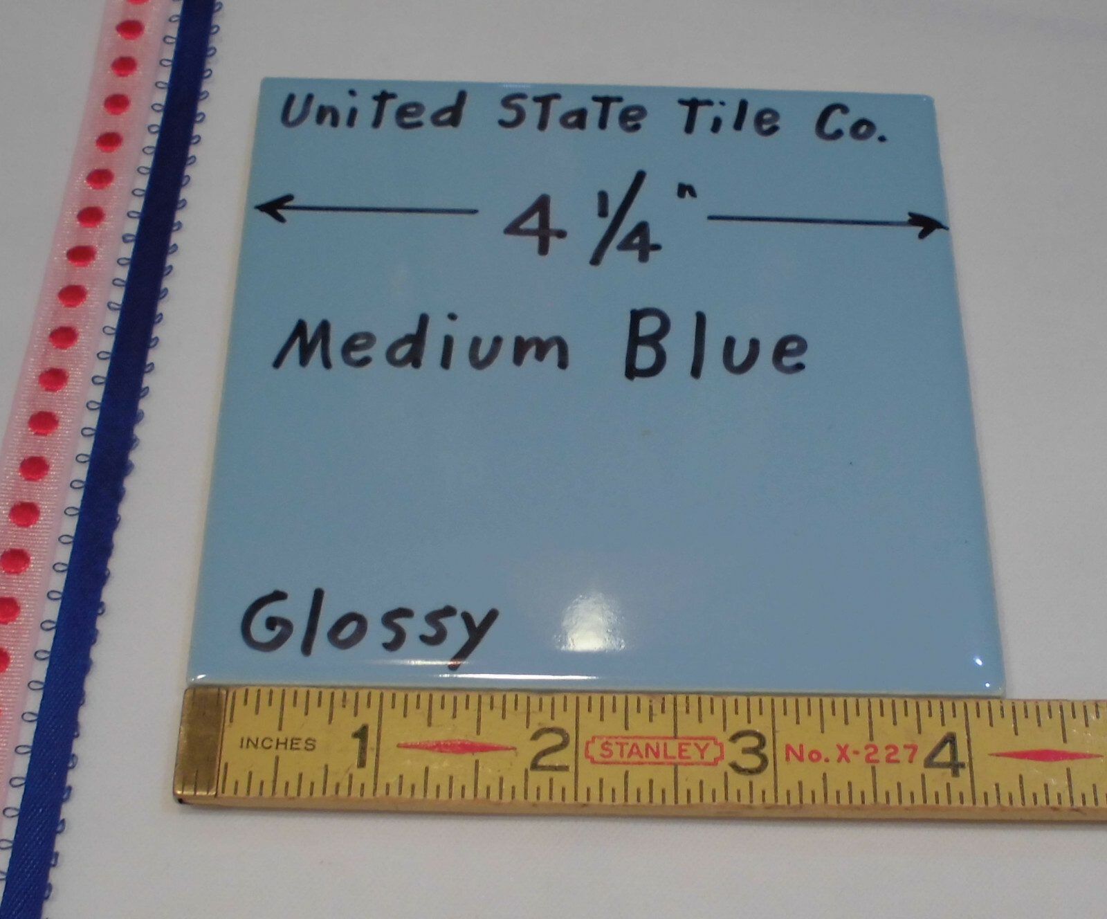 1 pc. Medium Blue 4-1/4″ Glossy Ceramic Tile; United States Tile Co. Made 1990’s