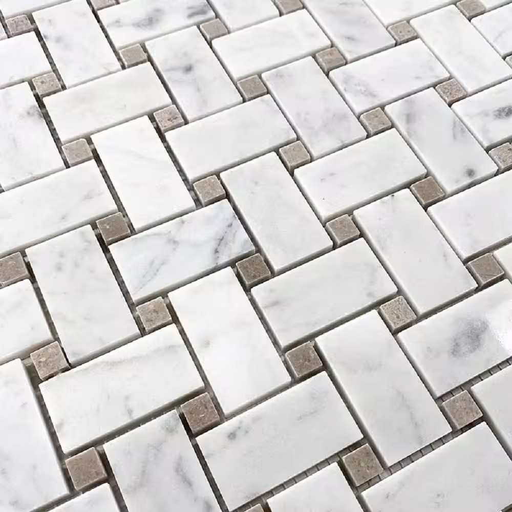 White 12 In. X 12 In. Basketweave Polished Eastern Beige Bianco Carrara Marble M