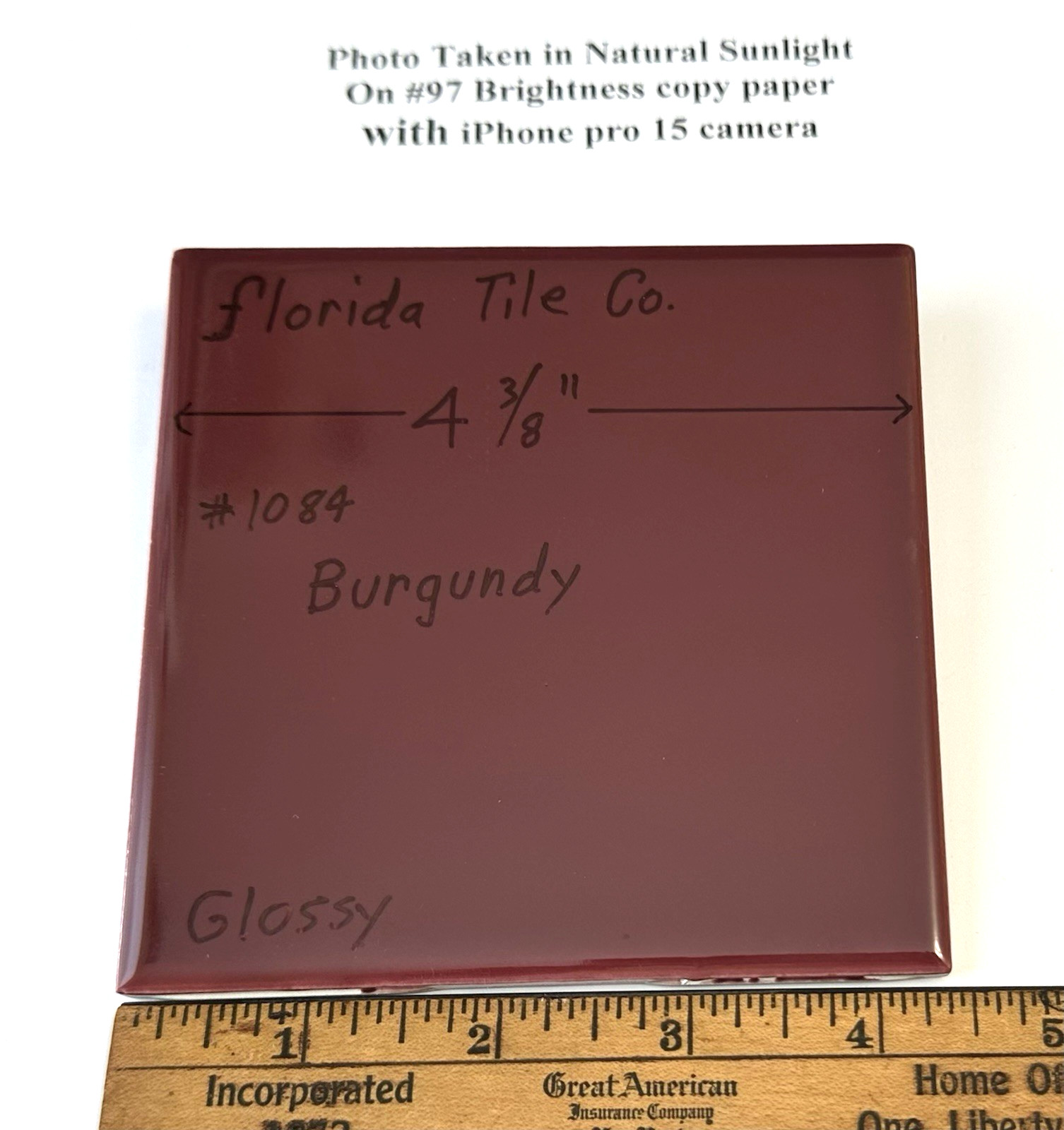 1 pc. Burgundy: 4-3/8″ Glossy Ceramic Tile by Florida Co. #1084, New Old Stock