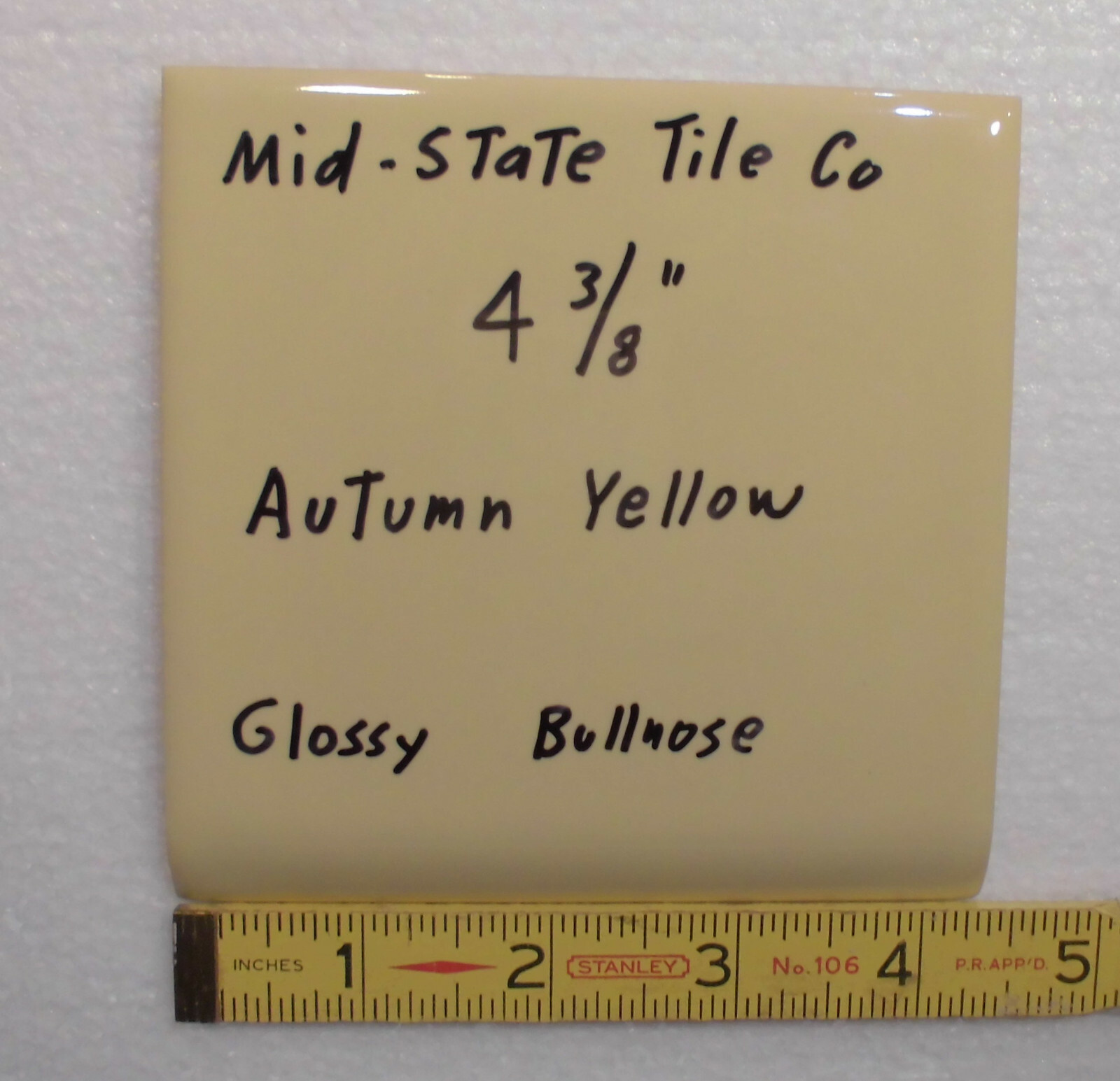 1 pc. Autumn Yellow; Bullnose Surface Ceramic Tile 4-3/8″ by Mid-State Co. NOS