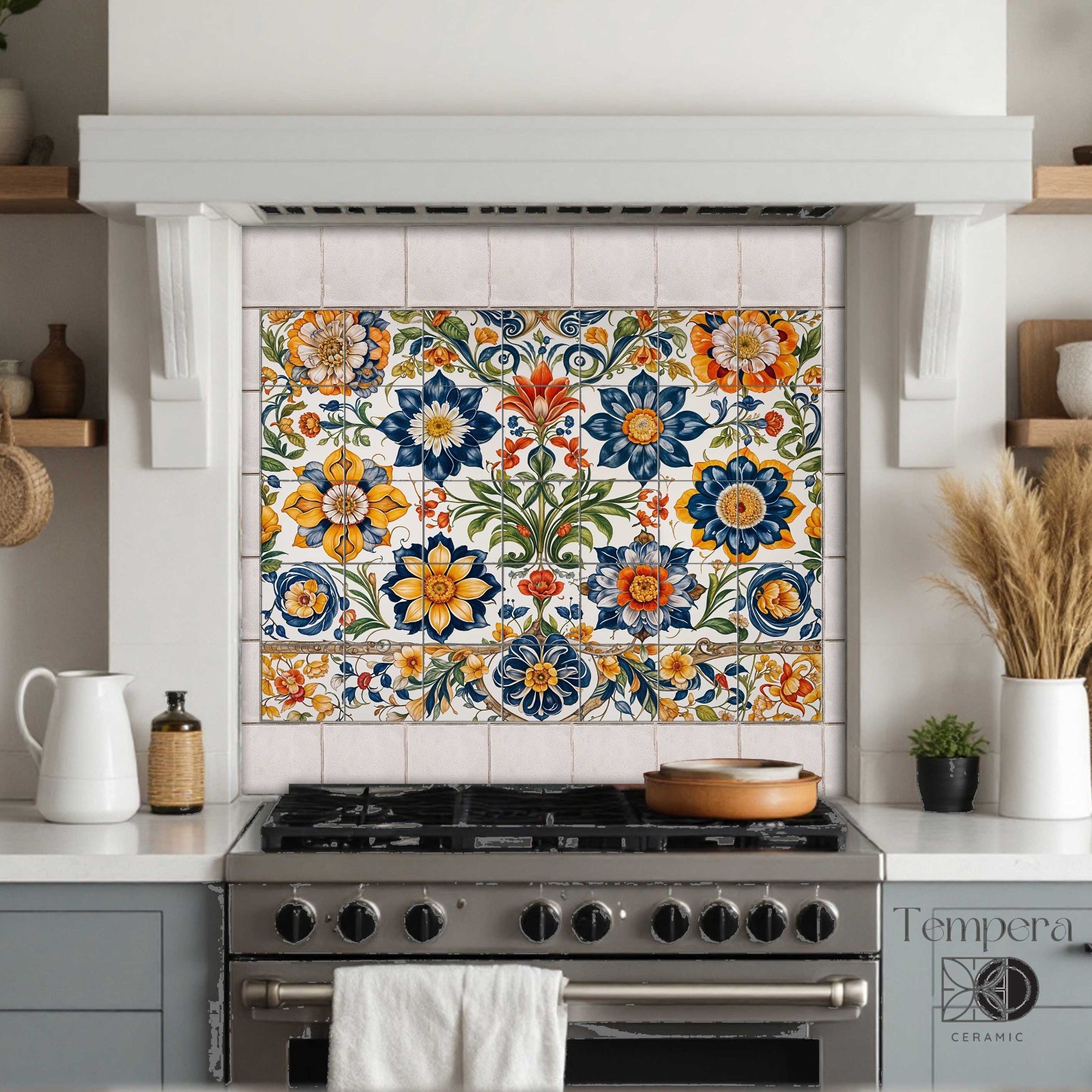 Mexican style ceramic tiles, backsplash tiles, floral tile pattern, stove tiles