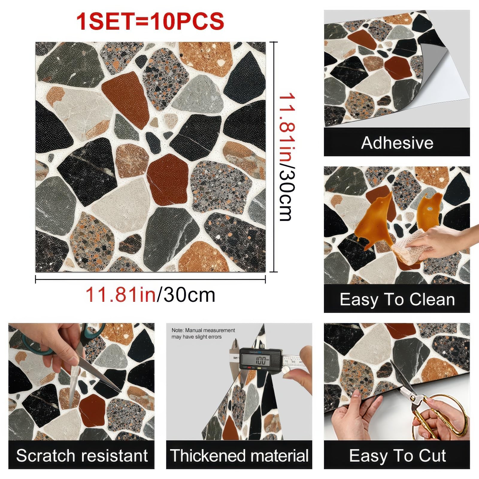 10PCS 12×12 Inch Terrazzo Stone Look Peel and Stick Floor Tiles Flat Self Adh…
