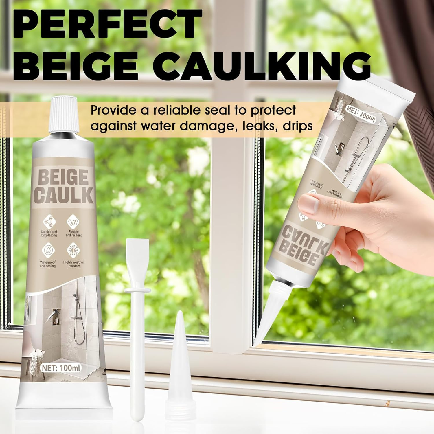 Beige Caulk, Silicone Caulk for Bathroom Shower Kitchen Tile Floor Sealing, Wate